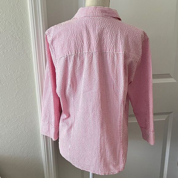 L.L. Bean Pink and White Seersucker Cotton Button up Blouse 3/4 Sleeve SZ XL - Picture 7 of 8